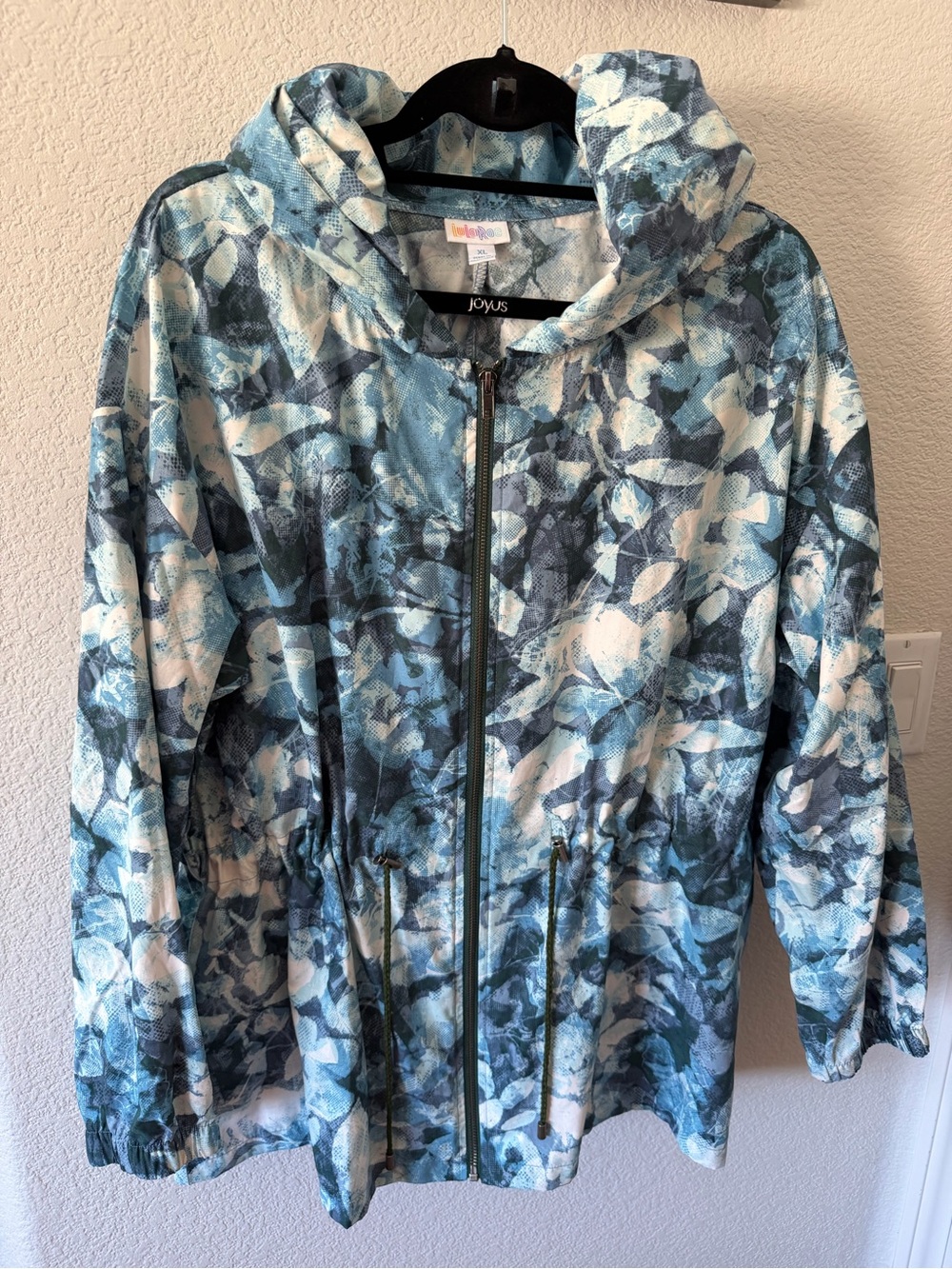 LuLaRoe Blue, Teal & White Floral Hooded Utility Jacket